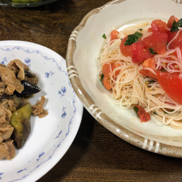 トマトと大葉の素麺ととろとろナスの炒め物☆