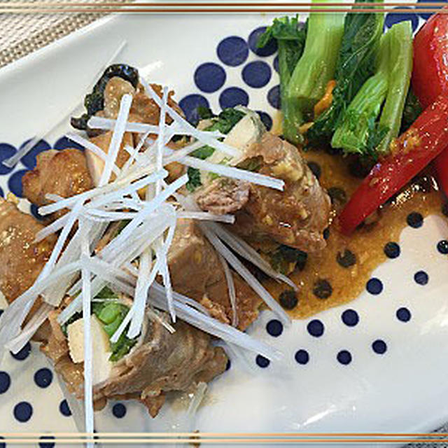和定食で節約レシピ・・あぶら菜・高野豆腐の肉巻き照り焼き～♪