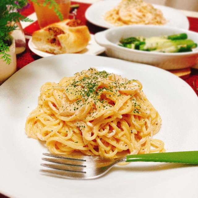 明太子クリームパスタの夕ご飯