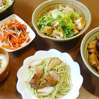 グリルチキンのジェノバスパゲティと、焼き鳥
