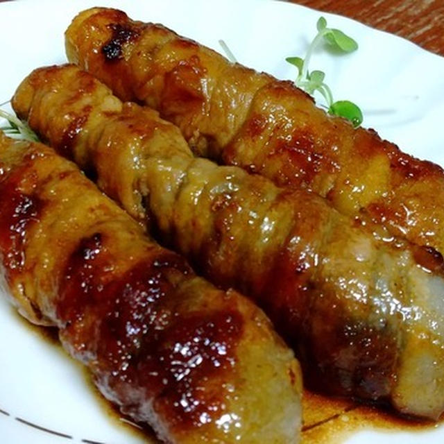 なすの豚バラ肉巻き、生姜焼き風と塩焼き