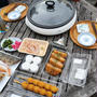 バルコニーで干物を焼いて、ハムカツ温めて。もはやBBQとも言えなくなってきた(笑)