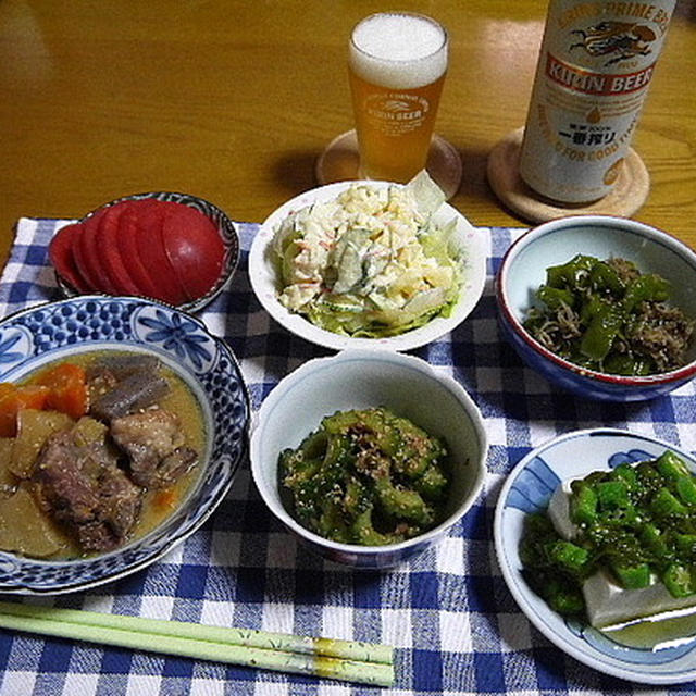 【晩酌】鹿児島豚骨・ゴーヤおひたし・甘長唐辛子とじゃこの炒め煮…