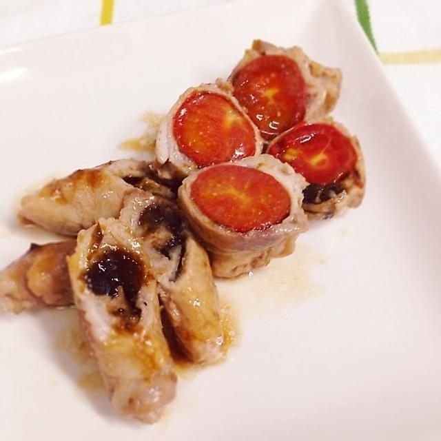 豚肉のノリの佃煮巻き〜わさびとミニトマトで〜