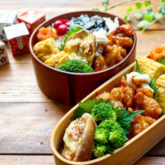 椎茸のツナチーズ入り♪鶏の唐揚げ甘辛ダレ弁当♪