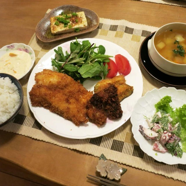 鱈＆牡蠣＆茄子フライの夜ご飯　と　じゃがいもの芽が出た！♪