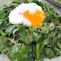 とろ～り黄身をからめて♪　春菊とじゃこ昆布海苔のサラダ