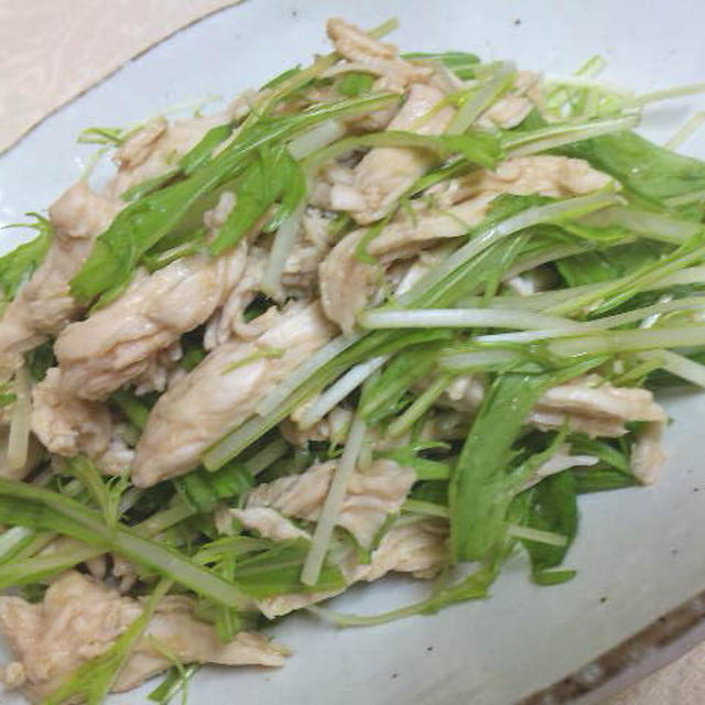 鳥ムネ肉と水菜のわさびポン酢あえとスープ