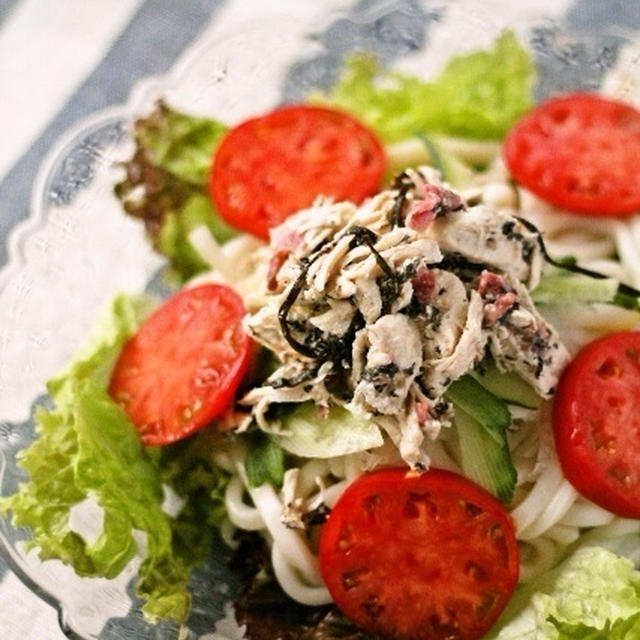 サラダうどん！さっぱりササミの塩昆布梅マヨ和えのせ / 男子中学生弁当
