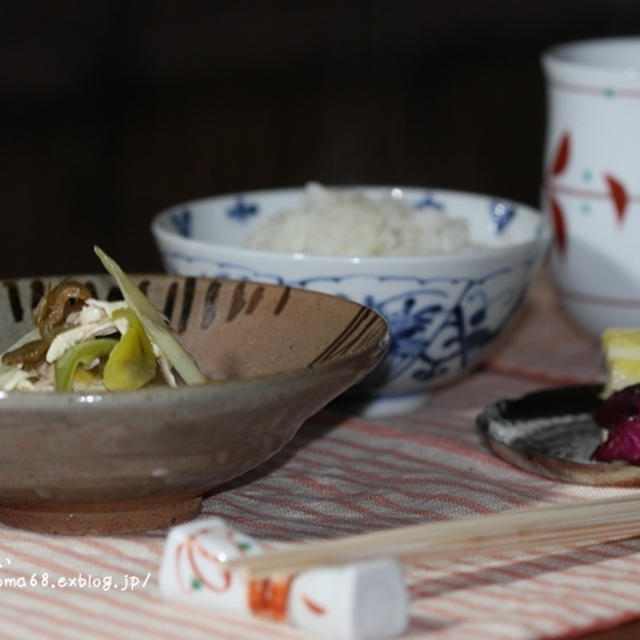 鶏ささみと搾菜の和え物