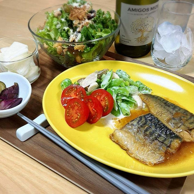 鯖のみぞれ煮　スナップエンドウとエリンギマヨ和え　の献立。