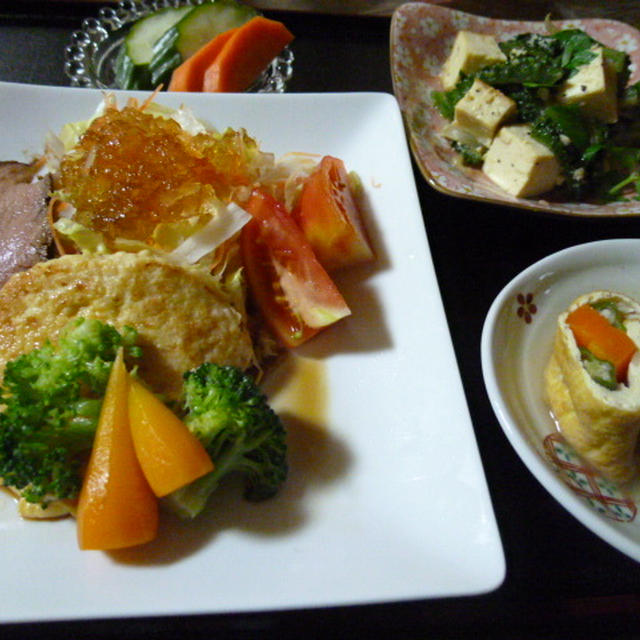 豆腐ハンバーグと塩麹のゴーヤチャンプルーの献立　夕ご飯