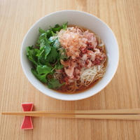 パクチーとゆで鶏の梅かつおあえそうめん
