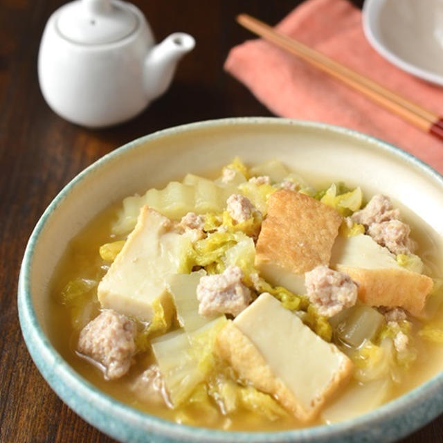 出汁いらずで簡単！「ひき肉と白菜と厚揚げの炊いたん」←姉さんのお気に入りです◎