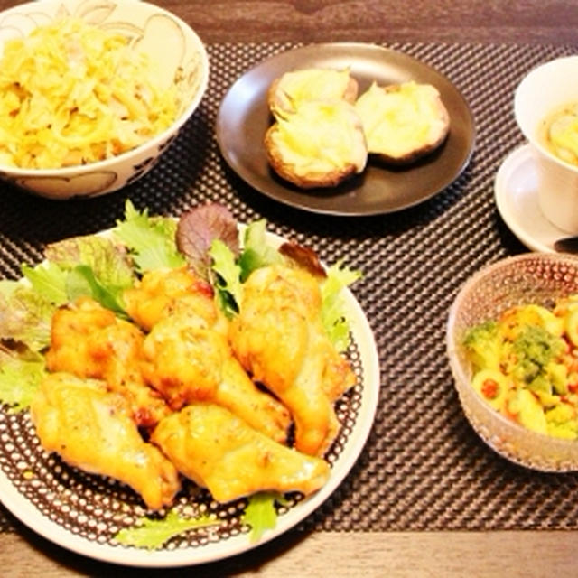 晩ごはん　チキンのメープルガーリック醤油焼きなど