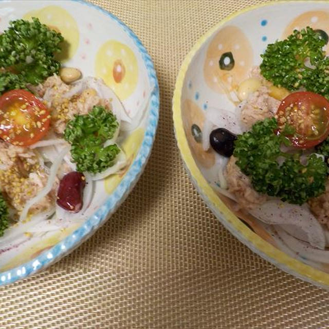 オニオンツナサラダと夕食のご飯のお友