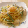 鶏ムネといんげんの豆乳パスタ