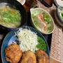 すじコンコロッケ、小松菜とちくわの煮物、冷奴、玉ねぎとワカメのお味噌汁