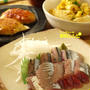 サンマの刺身、冷凍豆腐とちくわの卵とじ