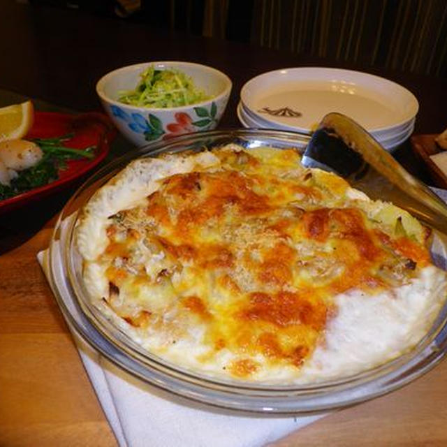 ジャガイモと長ねぎのグラタン＆ホタテ貝柱とほうれん草のバターソテー