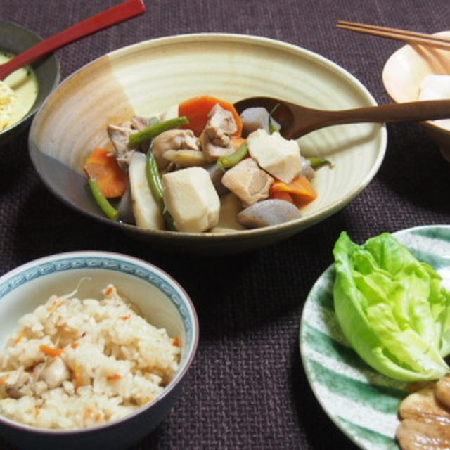 豚ロース肉のシンプル生姜焼き　　筑前煮　　生姜風味の鶏ごぼう御飯　　カレー風味のマカロニサラダ　　