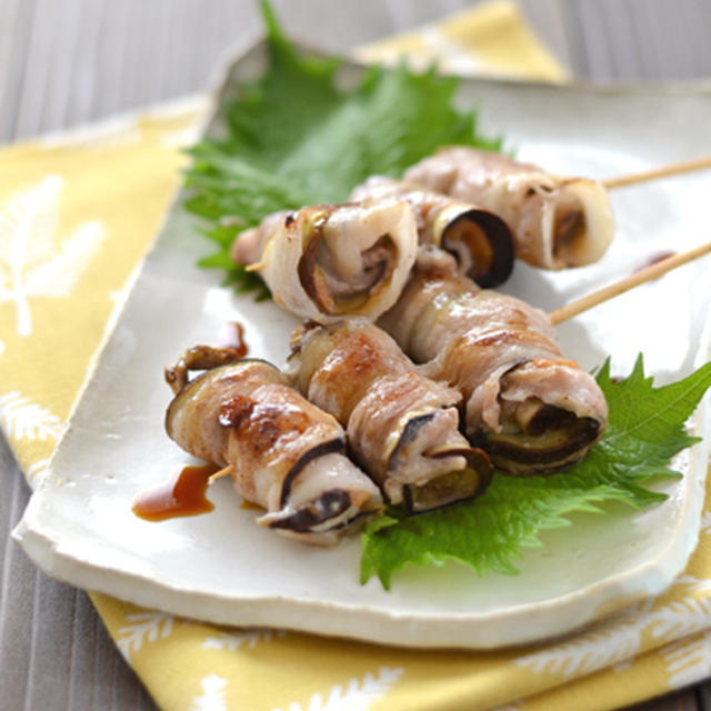 さっぱり串焼き-なすの梅肉豚串焼き。*クレハ