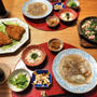 たっぷりきゃべつ千切りとアジフライ、ほうれん草しめじベーコンソテー、小鉢4品と餃子の中華スープで