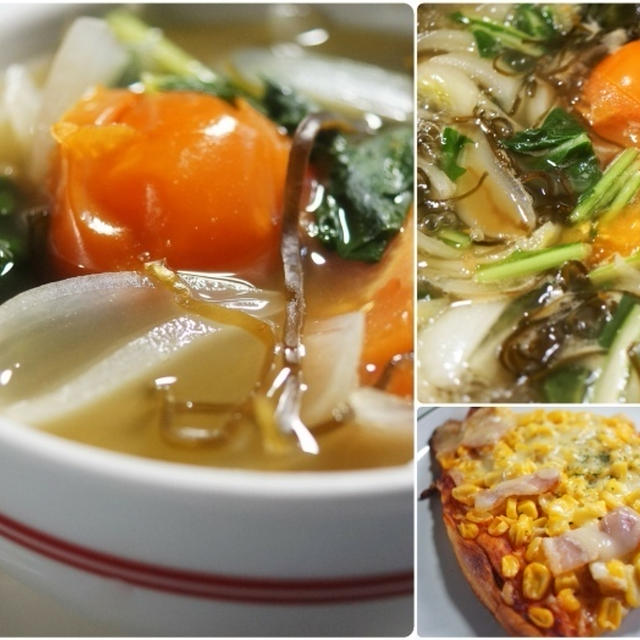 ■簡単５分！！ランチスープ【コッテリピザには　野菜と塩昆布のアッサリスープが嬉しいです♪】