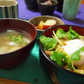 豚生姜丼温たまのせ☆とけんちん汁とさつま芋のメープル煮