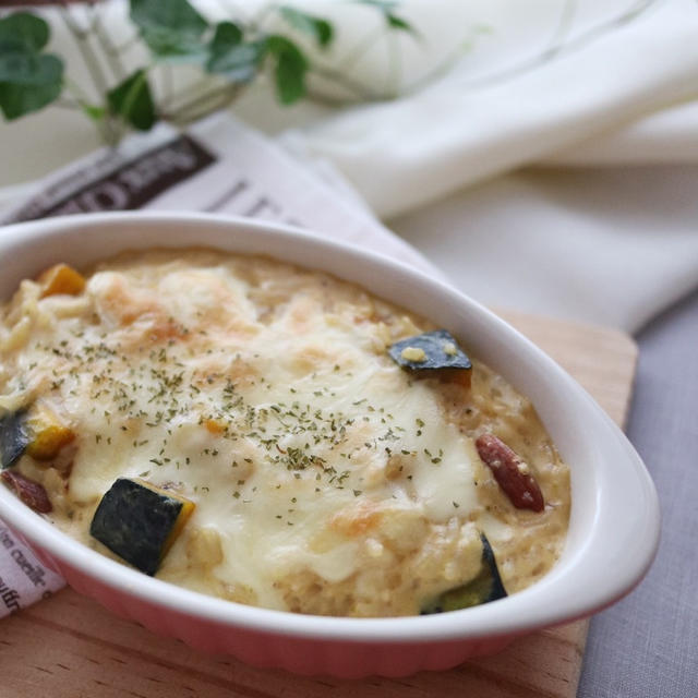 簡単カフェ風おうちランチ＊かぼちゃとアーモンドの焼きリゾット