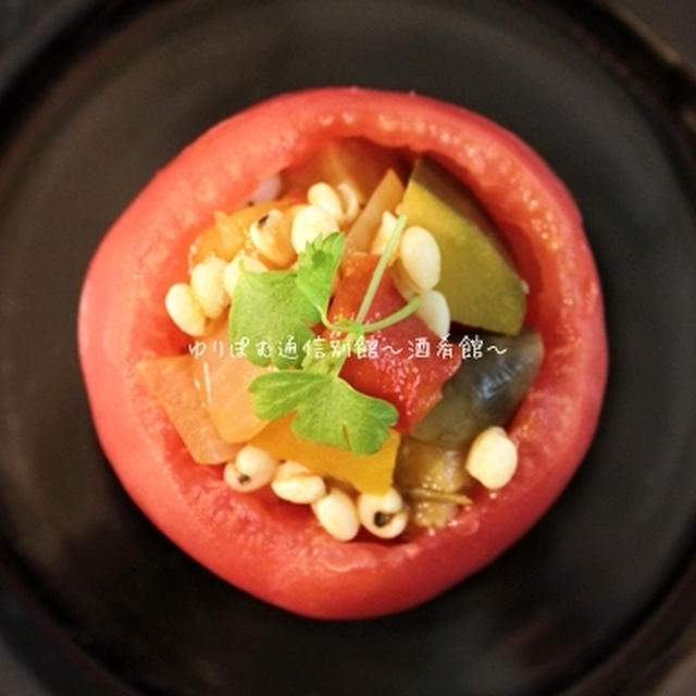 【福島の食材レシピ3回目】トマトにくるまれた夏野菜とハトムギの冷製リゾット。
