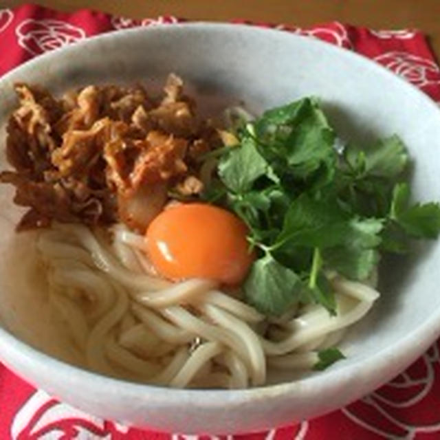 ミツカン追いがつおつゆで豚キムチ釜たまうどん