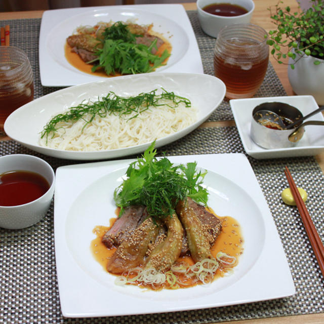 ■ソーメンのおかずは、ステーキと焼き茄子のマリネ