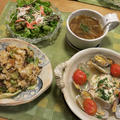 鱈のアクアパッツァ＆ガーリックステーキ炒飯の晩ご飯　と　シラー・カンパニュラータの花♪