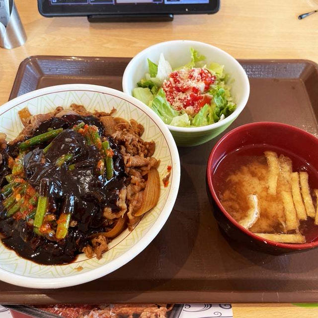 黒マー油ニンニクの芽牛丼中盛シーザーサラダセットを食べる 〜すき家〜