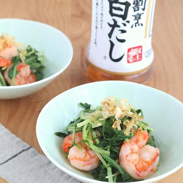 【#ヘルシーレシピ】白だしでまろやか♪ 水菜とえびの酢の物 