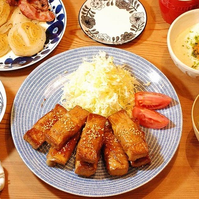 厚揚げで甘辛肉巻きの献立でしたー♪