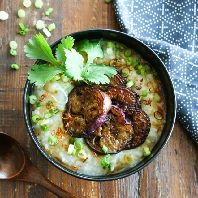 Ginger Congee with Chili Garlic Eggplantピリ辛茄子のせ生姜粥