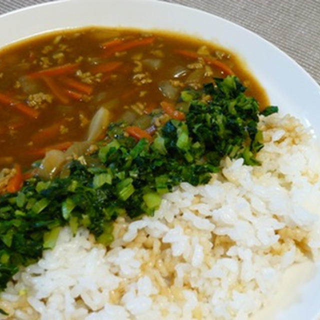 殿のおかわりmenu。小松菜カレー。（レシピ）