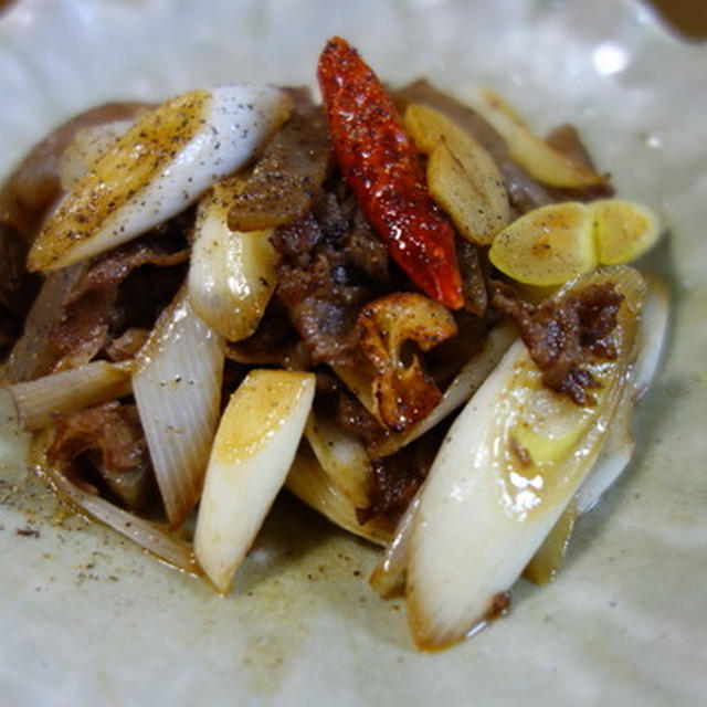 葱と肉のガーリック炒め　ポテサラ