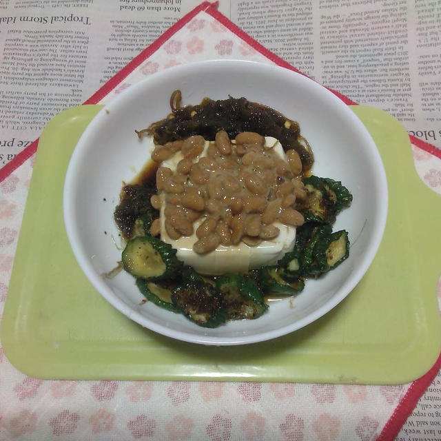 きゅうりの白だし漬け＋洗いもずくと納豆載せ冷奴