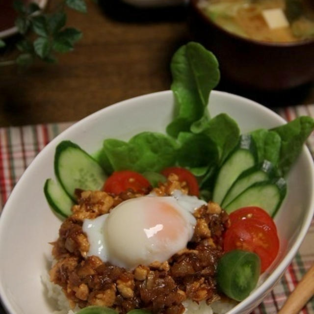 鶏むね肉でジャージャーサラダ丼。
