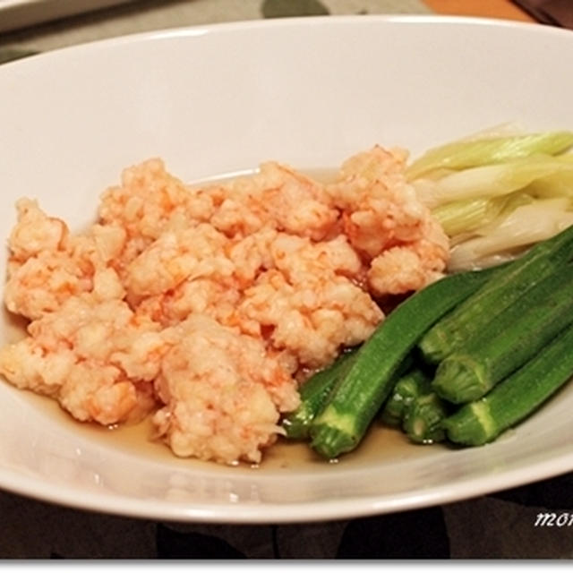 えびだんごとオクラの煮物・中華コーンスープ・水餃子で晩ごはん♪