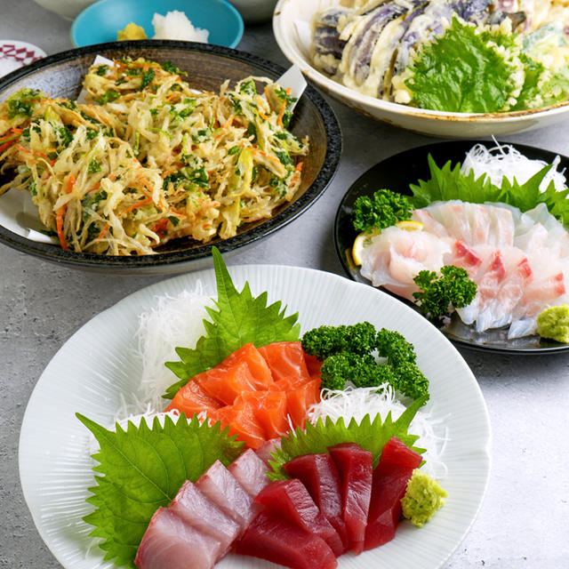 野菜の天ぷら＆かきあげ、刺身盛り（平造り、そぎ切り造り）など／家庭料理を知る＝生きる最大のすべ