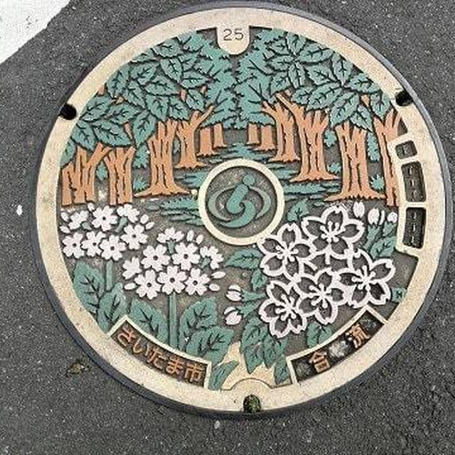 埼玉県さいたま市のカラーマンホールは「けやき、サクラソウ、サクラ」「サッカーボール」をデザイン