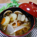 根菜の味噌汁と牛肉とさつまいもの炒め煮