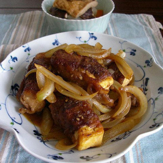 牛こまと豆腐の巻き巻き　焼き肉のたれ＆カレー味のソースで