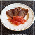 オランダ産トマトを湯剥きして 豚薄切り肉とトマトソースのイタリアン前菜レシピ