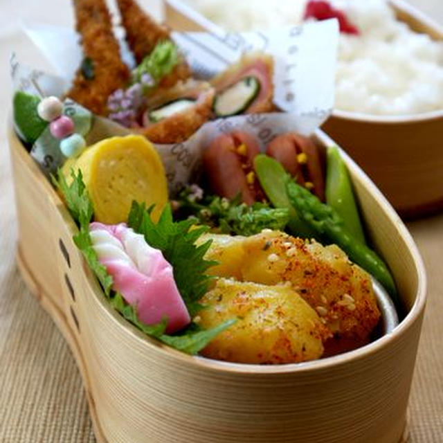 ◇お弁当***オサレさんエビふりゃーと醤油バターじゃが七味風味
