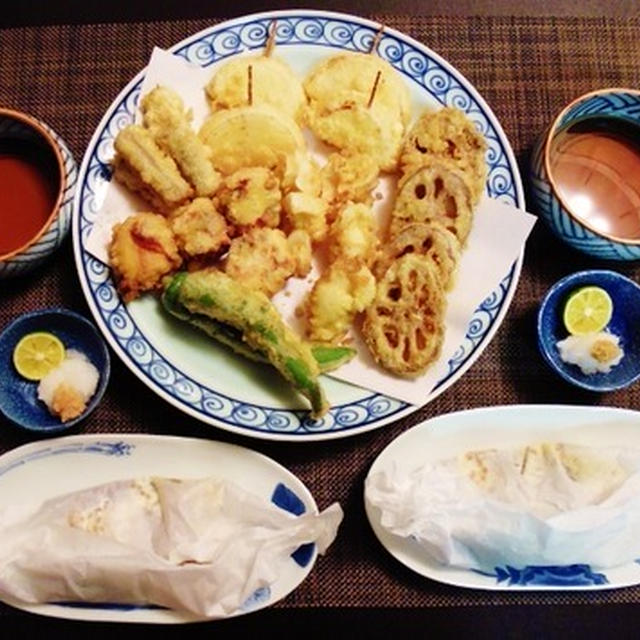 旬の根菜たっぷり天ぷら☆鱈のしょうゆの実マヨソースの包み蒸し♪☆♪☆♪